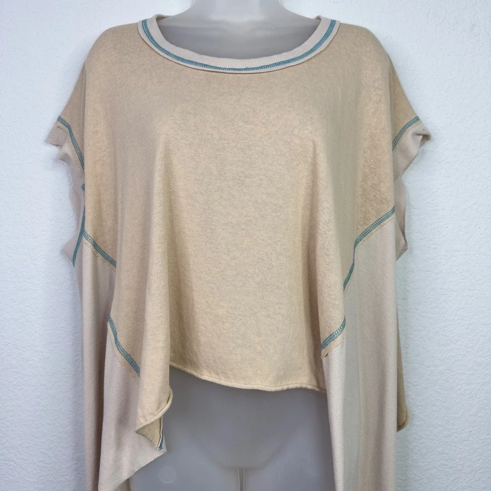 POL Shirt Womens M Beige Knit Crop Oversized Asymmetrical Boho Lagenlook Draped - Picture 3 of 8